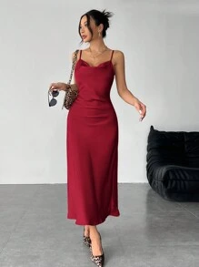 SHEIN PETITE Solid Color Swing Collar Long Satin Satin Suspender Burgundy Dress Suitable For Dates - Burgundy - View 3