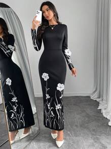 Modelyn 女士圆领紧身花卉贴花优雅长袖连衣裙长款晚礼服 - 黑色 - 查看 4