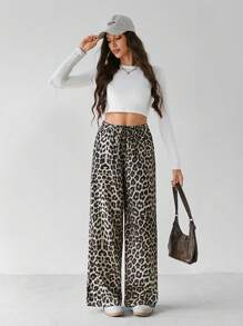 SHEIN Tall 休闲街头豹纹宽松直筒阔腿裤 - 彩色 - 查看 5