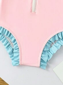 SHEIN 年轻女孩 1 件套拼色防晒泳衣套装，粉色/蓝色/黄色，长袖，时尚，休闲，优雅，适合游泳、度假、夏季 - 彩色 - 查看 5