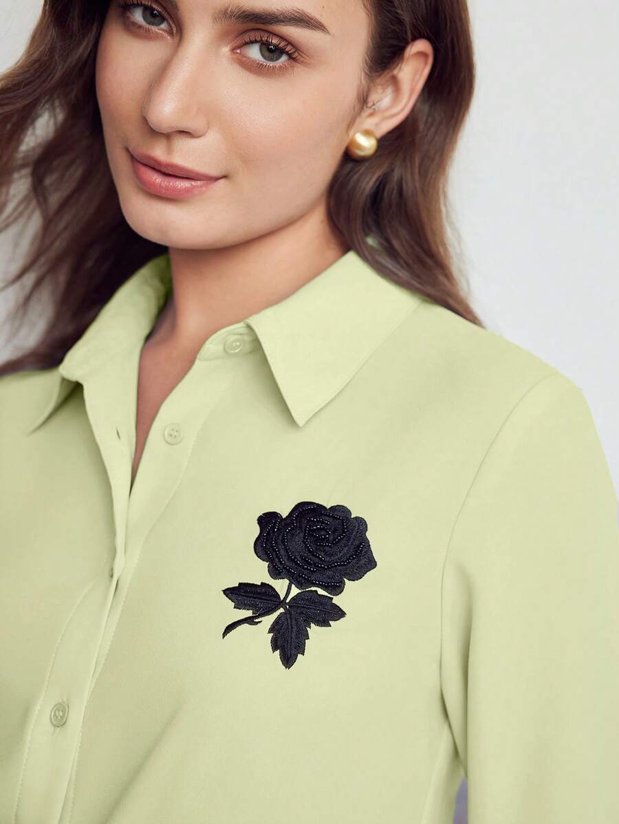 MOTF Classy FLORAL EMBROIDERY BUTTON UP SHIRT - Mint Green - View 2