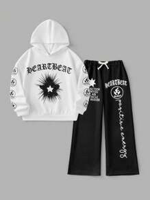 SHEIN Bộ quần áo nỉ trùm đầu và quần dài hai mảnh phong cách Goth Grunge màu đen cho bé gái tuổi teen mùa thu/đông có họa tiết in cho lễ Halloween - Đen và trắng - Xem 1