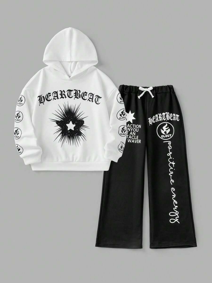 SHEIN Bộ quần áo nỉ trùm đầu và quần dài hai mảnh phong cách Goth Grunge màu đen cho bé gái tuổi teen mùa thu/đông có họa tiết in cho lễ Halloween - Đen và trắng - Xem 1