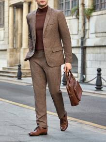 Manfinity VCAY 2pcs/Set Men's Close-Fitting Casual Suit Set, Suitable For Autumn/Winter - Brown - View 1