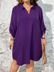 SHEIN CURVE+ CURVE PLUS Plus Size Women Purple Autumn Casual Lougewear Long Sleeve Shirt Collar Dress,Autumn Outfits For Women - Purple - View 7