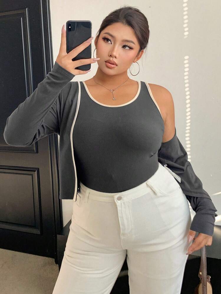 Dazy Petite Plus 2pcs/Set Contrast Color Patchwork Camisole Cardigan Top, Gray, For Spring/Autumn,Fall Women Clothes Lounge Sets For Women