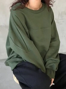 FRIFUL Women's Autumn Dropped Shoulder Long Sleeve Casual Contrast Seam Loose Sweatshirt - Army Green - View 1