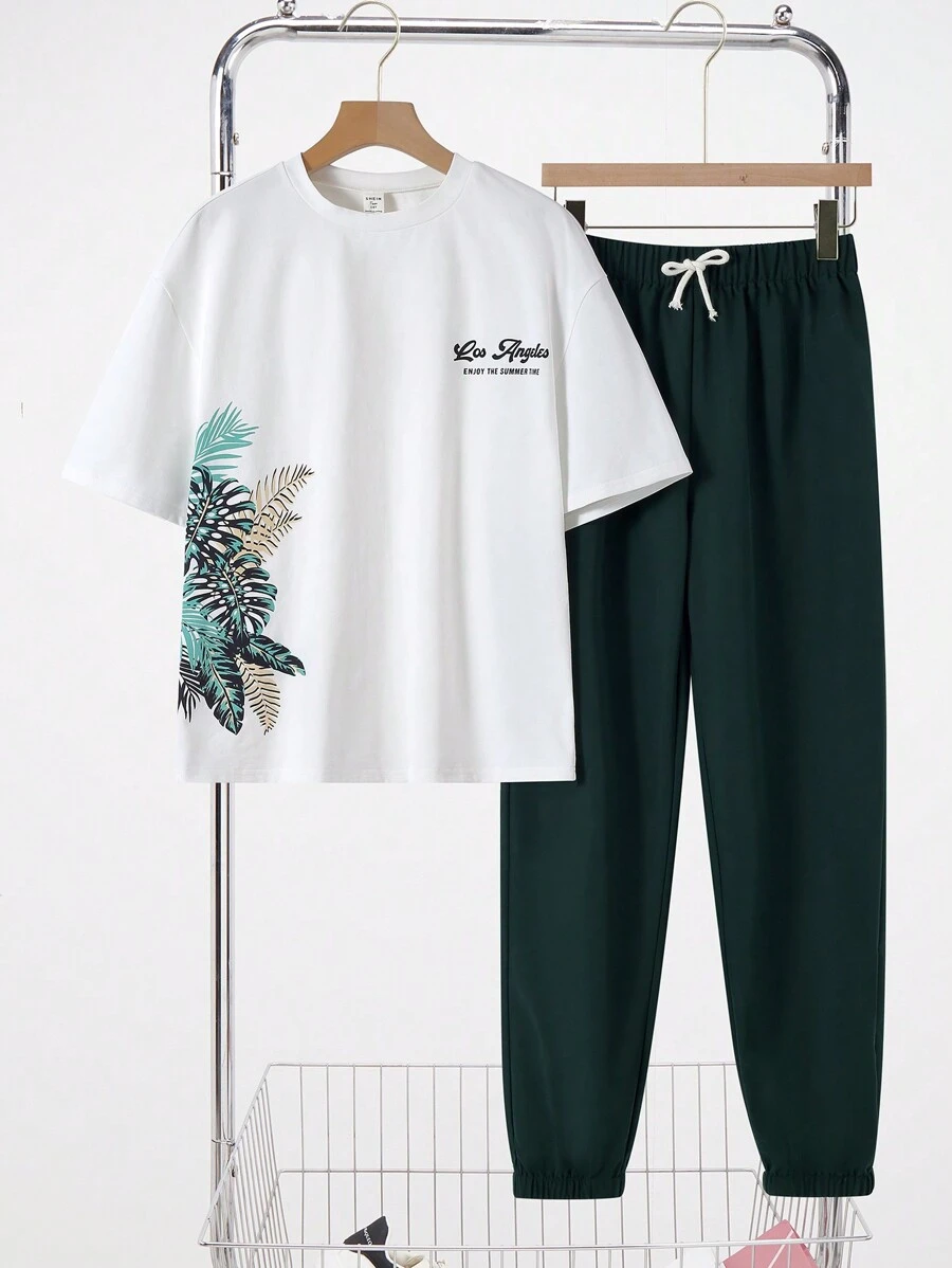 SHEIN Leap Crew 2pcs Set Teen Boy's Slogan & Tropical Print Tee & Drawstring Waist Shorts;Spring Wear; Teen Boys' Clothing; Teen Boy' Jackets, Spring Back To School - Multicolor - View 1