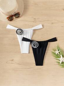 SHEIN Swim 夏季 2 件套女士性感花朵丁字裤泳衣套装，适合海滩 - 黑與白 - 查看 5