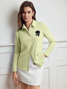 MOTF Classy FLORAL EMBROIDERY BUTTON UP SHIRT - Mint Green - View 4