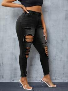 SHEIN SXY Plus Size Women Distressed Pockets Skinny Casual Jeans - Black - View 5