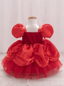 Glamorique Kids 圣诞女婴派对/公主裙，女童圣诞老人/新年裙，红色闪亮短款泡泡袖裙，配黄色蕾丝下摆，适合舞台表演、角色扮演和日常穿着 - 紅色 - 查看 2