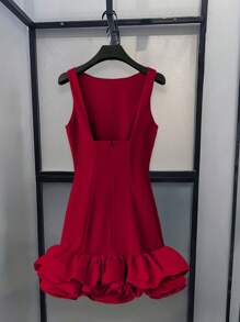 INAWLY 女士纯色圆领无袖荷叶边下摆优雅迷你连衣裙 - 酒紅色 - 查看 6