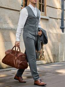 Manfinity VCAY 2 件套男士修身休闲商务西装套装，长袖，适合秋冬季 - 深灰色 - 查看 1