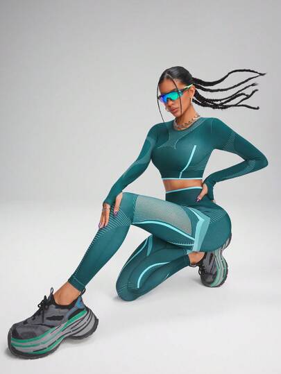 Innovista 女士3D立体线条动态纹理网状结构高弹无缝两件套运动套装，适合健身房、日常休闲、瑜伽、户外、滑雪、徒步、骑行、露营等场合，实用时尚，秋冬运动服