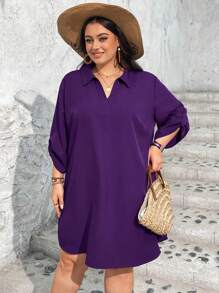 SHEIN CURVE+ CURVE PLUS Plus Size Women Purple Autumn Casual Lougewear Long Sleeve Shirt Collar Dress,Autumn Outfits For Women - Purple - View 5