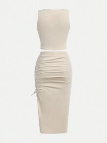 SHEIN Girlism 2pcs/Set Tween Girl Fitted Casual Apricot Knit Pencil Skirt Dress Set - Apricot - View 2