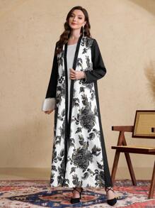 Al Najma Saudi Arabia Style Colorblock Patchwork Loose Dress, Printed Long Robe Dress For Formal Wear Abayas - Black - View 7