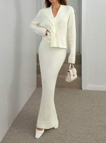 EURMUSE 女士纯色罗纹针织扭纹前套头衫和毛衣裙套装 - 米色 - 查看 5