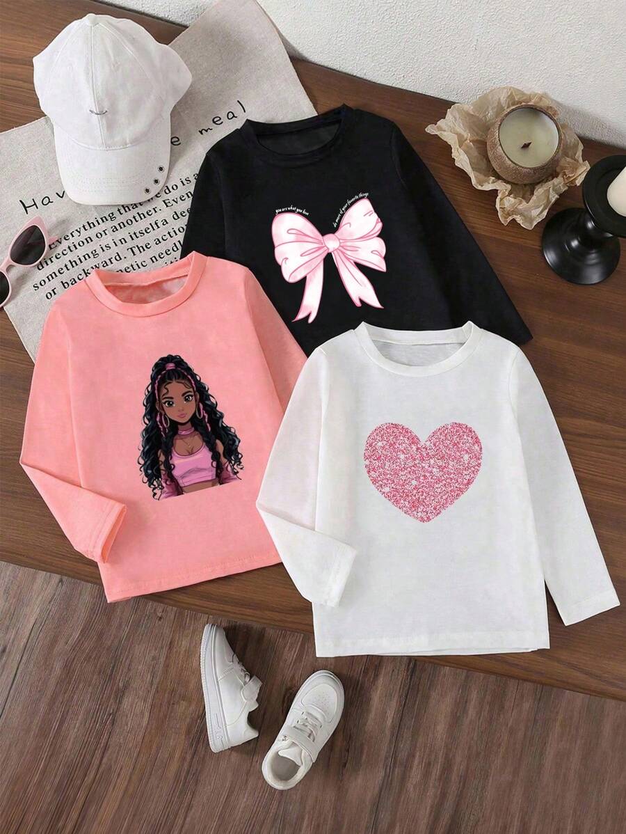 SHEIN 3 Stücke Kleine Mädchen T-Shirts mit niedlichem Kleine Mädchen-Motiv, Schleifen, Herzmuster, lässiger Grafik und Rundhalsausschnitt, Langarm