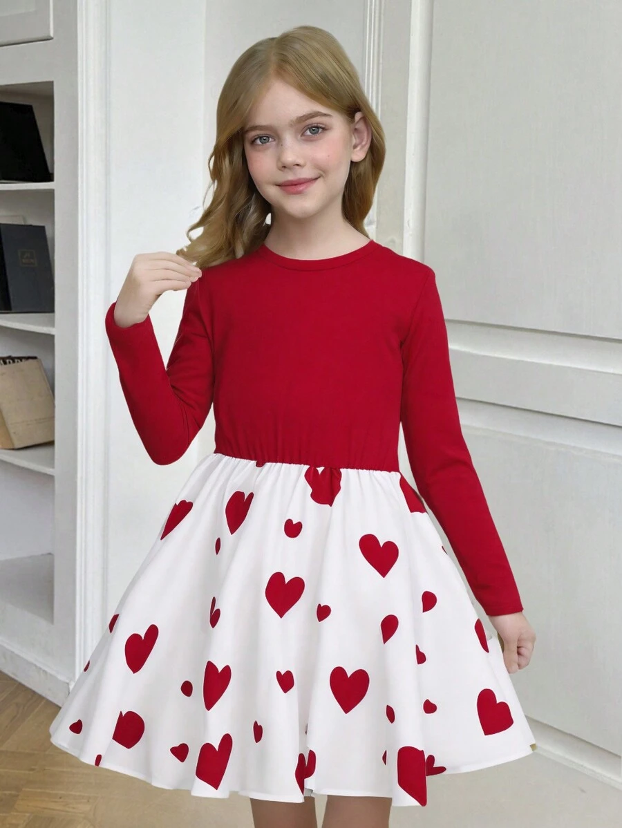 SHEIN Leap Crew Tween Girls' Casual Resort Mixed Knit Round Neck Long Sleeve Heart Patchwork Dress - Red - View 1