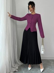 Elenzga 女士粗花呢长袖夹克和褶皱中长裙优雅两件套