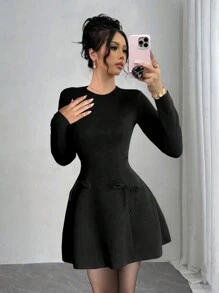 Chiquease 2024 New Structured Cut A-Line Mini Dress With Bow Decor & Back Zipper, Crew Neck, Tense, Red Fall Cloth For Women - Black - View 1