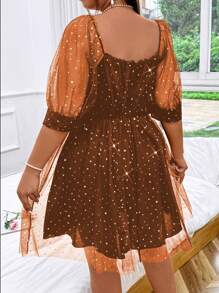 Flirla Đầm lưới chắp vá cỡ lớn cho nữ, đơn giản và thời trang - Màu Khaki - Xem 2
