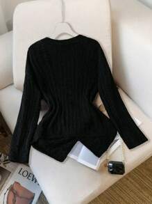 Celure Plus Size Solid V-Neck Butterfly Knit Waist-Cinched Asymmetrical Hem Women Sweater, For Winter