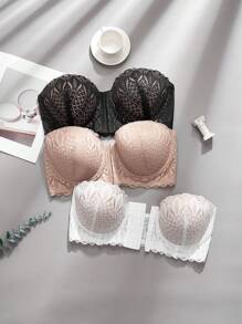 3pcs/Set Plus Size Front Button Lace Trim Underwire Bustier Set Lingerie - Multicolor - View 4