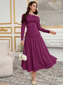 Modelyn Women's Elegant Charm Slanted Shoulder Knit Woven Umbrella Hem Fashion Dress Long Evening Dresses