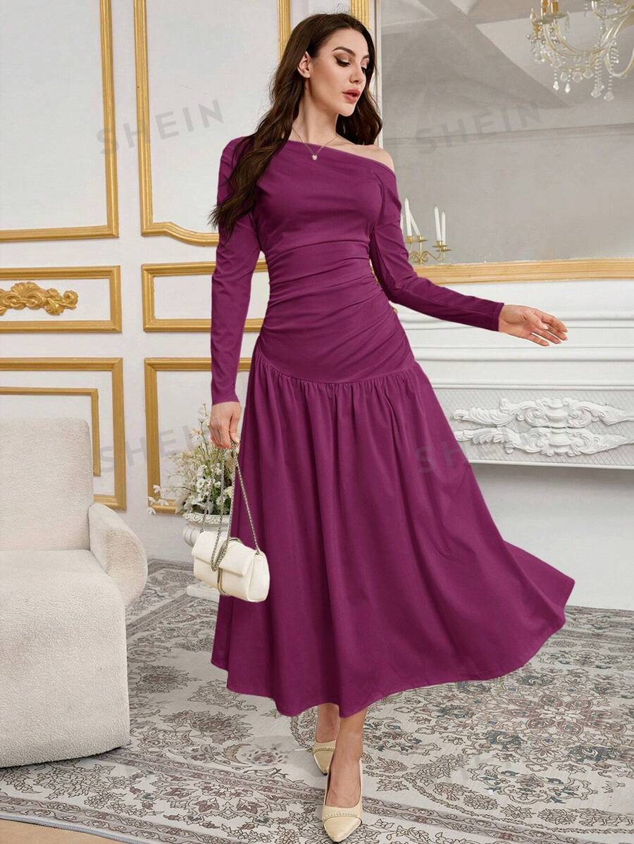 Modelyn Women's Elegant Charm Slanted Shoulder Knit Woven Umbrella Hem Fashion Dress Long Evening Dresses - Red Violet - View 1