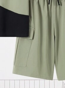 SHEIN 青少年男孩拼色 Polo 衫、工装口袋工装短裤、休闲校园舒适时尚简约百搭柔软舒适，适合日常穿着、上学、旅行、运动等 - 彩色 - 查看 7
