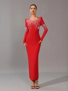 SHEIN Belle Elegant Red Luxury Rhinestone Flower Pattern Long Sleeve Bandage Dress,Special Shape Collar Tight Bodycon Evening Gown For Wedding,Prom & Party - Red - View 3
