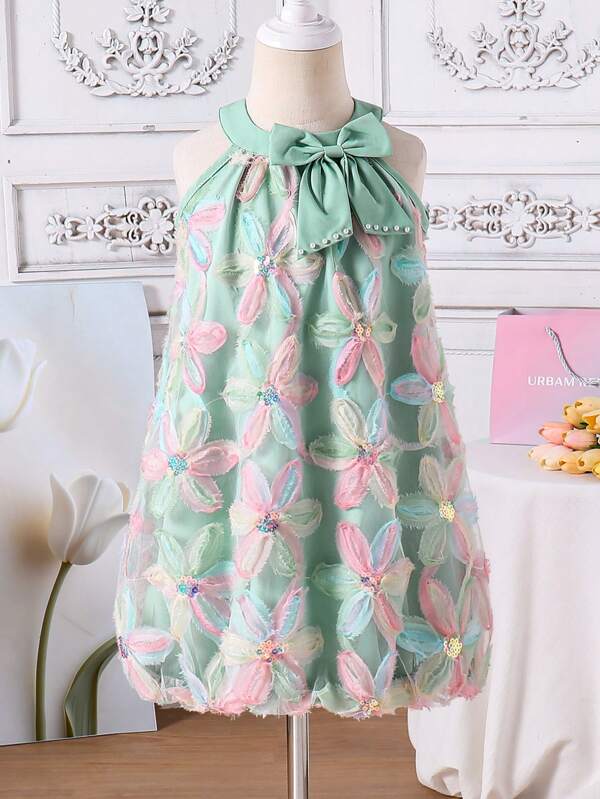 SHEIN Girls Casual Vacation Refreshing Green Dress, Bow Decor, 3D Floral Fabric, Girls Dress, Summer Outfit, Children Princess Dress, Beach Dress, Vacation Style, Fresh Summer, Sweet Young Girl Dress, Little Girls Dress, Party Dress, Tulle Dress, Everyday Wear, Suitable For 4-7 Years Old