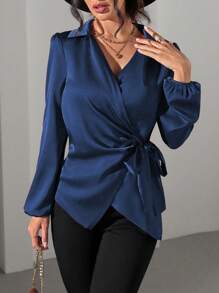 EMERY ROSE 西式风格亮面面料侧系带泡泡袖百搭女式衬衫 - 藍色 - 查看 5