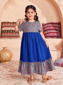 SHEIN DRMZ 年轻女孩雪纺碎花休闲度假连衣裙 - 藍色 - 查看 7