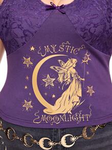 ROMWE Hippie 大码女式星星、月亮印花蝴蝶装饰吊带背心，夏季 - 紫色 - 查看 2