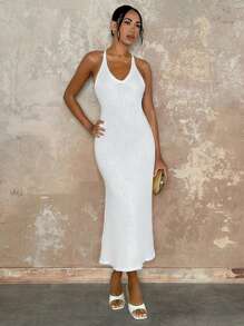 Glamine 女士 V 领优雅露背 A 字形无袖长款毛衣连衣裙，适合通勤穿着 - 白色 - 查看 1