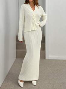 EURMUSE 女士纯色罗纹针织扭纹前套头衫和毛衣裙套装 - 米色 - 查看 6