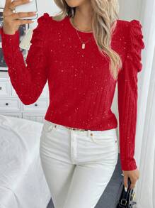 Chiquease Casual Round Neck Puff Sleeve T-Shirt With Flock Spangle Corrugated Detail