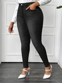 SHEIN Privé 大码女式深灰色弹力紧身牛仔裤，时尚百搭