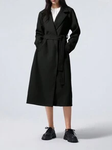 LYSMO 女士纯色前系带长袖口袋简约休闲长夹克 - 黑色 - 查看 1