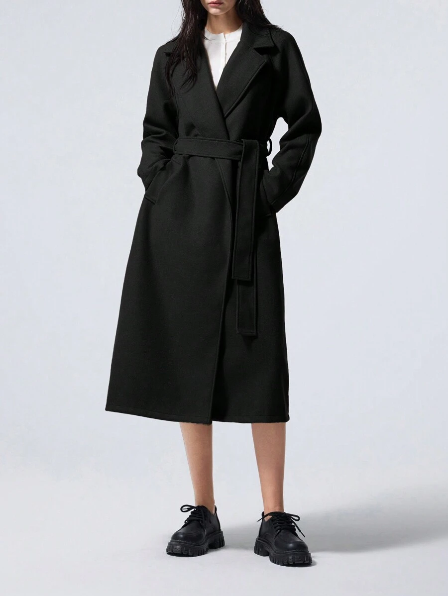 LYSMO 女士纯色前系带长袖口袋简约休闲长夹克 - 黑色 - 查看 1