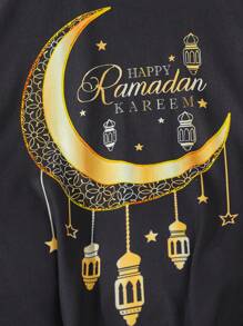 Teen Boys Summer New Funny Star & Moon Eid Al-Fitr Theme Pattern Round Neck Short Sleeve Top With Pants Pajama Set - Multicolor - View 4