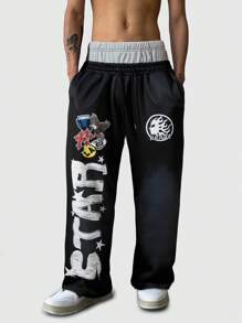 ROMWE MEN Street Life Men's Letter Print Pockets Wide Leg Loose Waistband Sweatpants