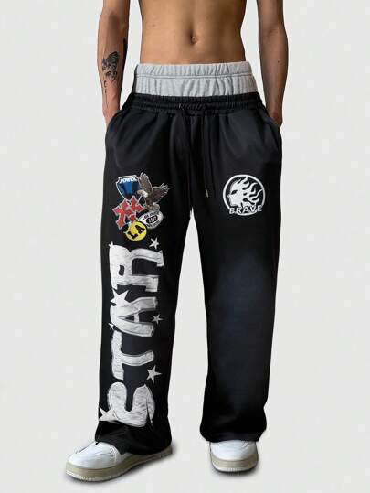 Street Life Pantalones de chándal holgados con estampado de letras, bolsillos y cintura ancha para hombres