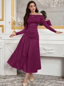 Modelyn Women's Elegant Charm Slanted Shoulder Knit Woven Umbrella Hem Fashion Dress Long Evening Dresses