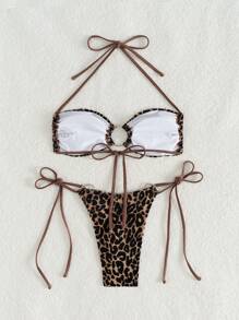 Swim SXY Women's Leopard Print Side Shoulder Hollow Out Lace Up Bikini Set Summer - Multicolor - View 7