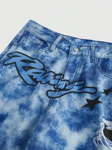 ROMWE MEN Street Life Calça Denim Masculina com Estampa de Letras e Tie-Dye - Azul - Visão 3